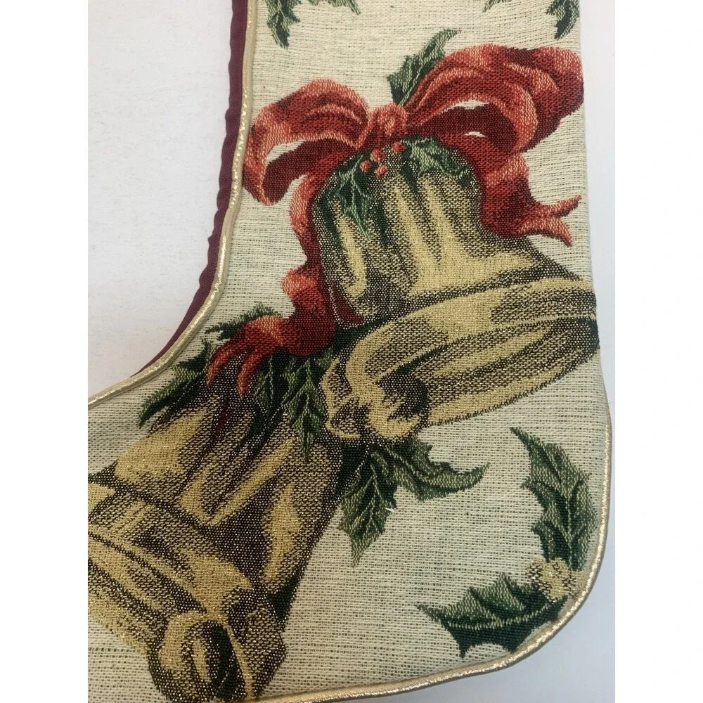 Vintage Needlepoint Christmas Stocking Gold Bells Bows Decorative Holiday Gift